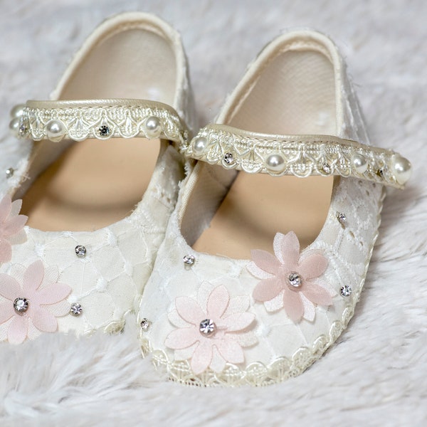 White or Ivory Embroidered Girl Shoes - Baby and Toddler - Christening or Baptism Model G040 Baby Girls Shoes