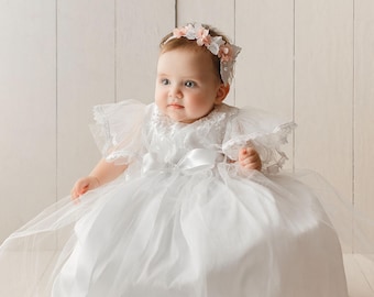 Baby Girl Baptism Dress G059 | Burbvus Flower Dress for Girls | Baptism Christening Outfit | Matching Diadem | Lace Dress | Ivory & White