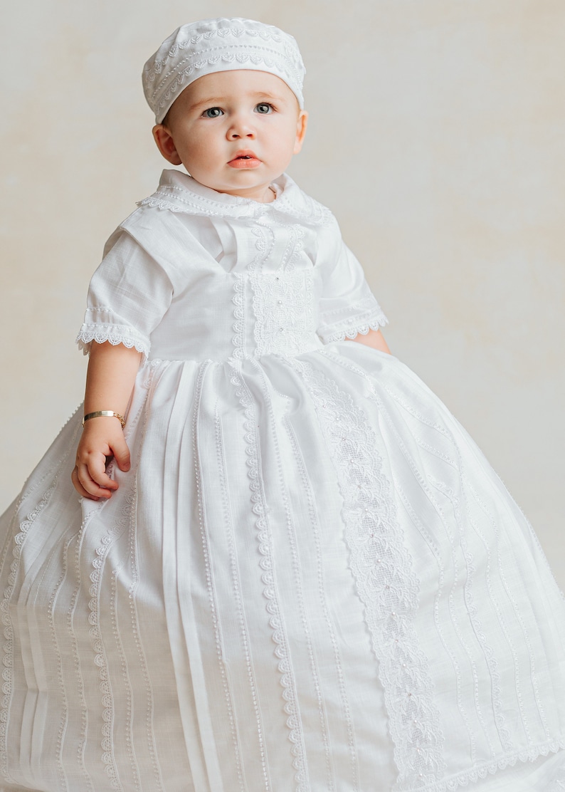 Baptism or Christening Gown B031 Burbvus Handmade Baptism Outfit 100% Premium Linen White or Ivory Matching Shoes and Beret Included image 5