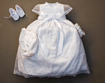 Burbvus Christening Gown Girl | Baby Lace Gown "G005" | Handmade Baptism Dress | Lace Christening Outfit, Matching Shoes & Bonnet