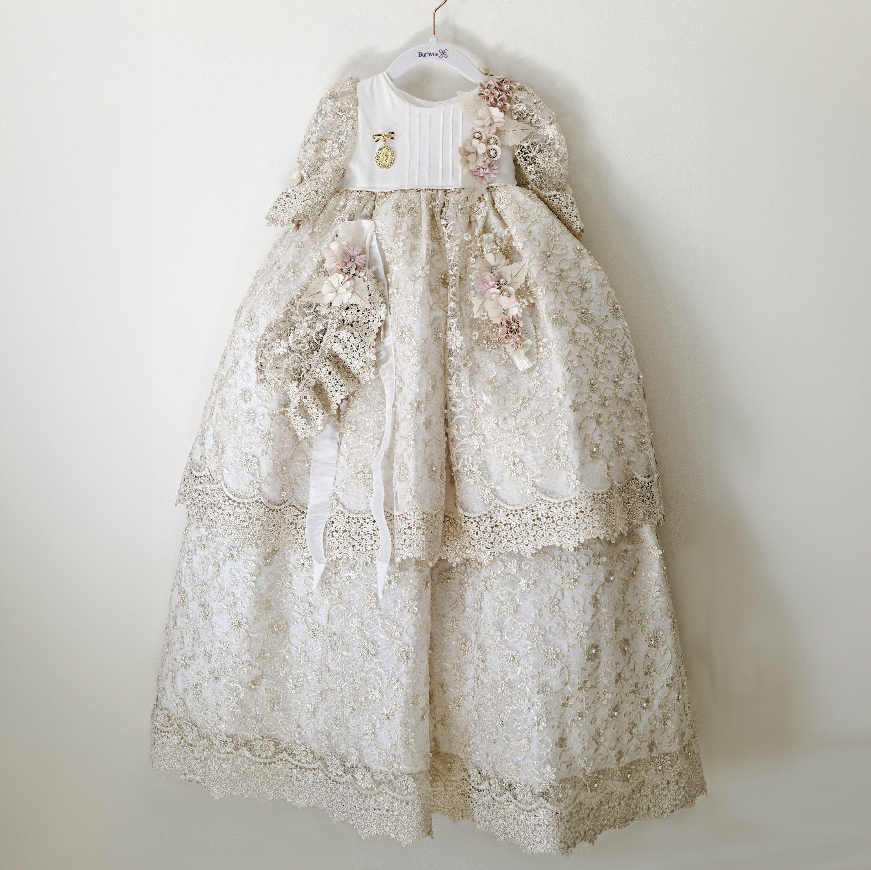 Burbvus Christening Gown For Baby Girls | Lace Dress "G049" + Gold Plated Medal| Heirloom Baptism Outfit, Matching Shoes, Bonnet & Diadem.