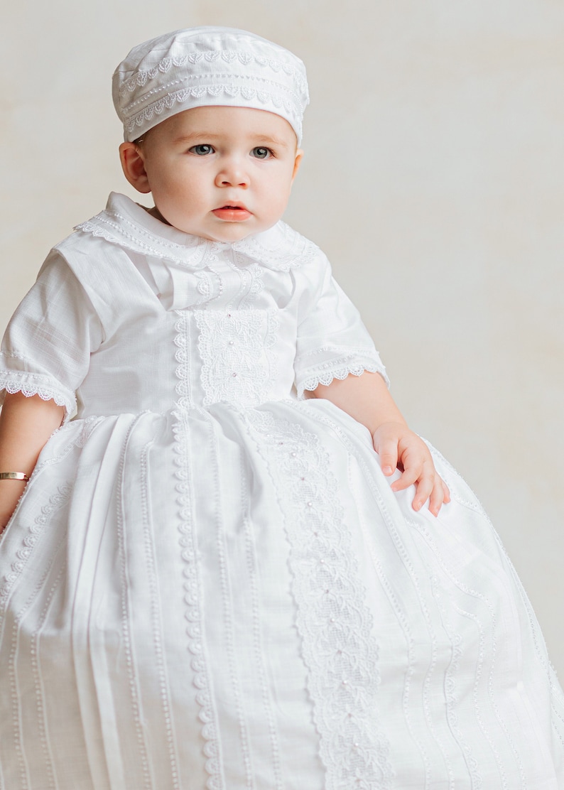 Baptism or Christening Gown B031 Burbvus Handmade Baptism Outfit 100% Premium Linen White or Ivory Matching Shoes and Beret Included image 1