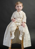 Christening & Baptism Outfit Burbvus B023 | Handmade Baptism Gown 100% Silk | White or Beige Color | Matching Shoes, Socks, Beret Included