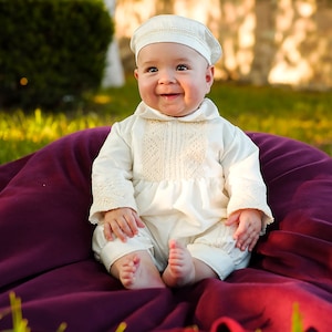 Baby Boy Baptism Outfit Burbvus B004 | Convertible Christening Gown | 100% silk White or Ivory | Shoes, Bonnet & Keepsake Garment Bag
