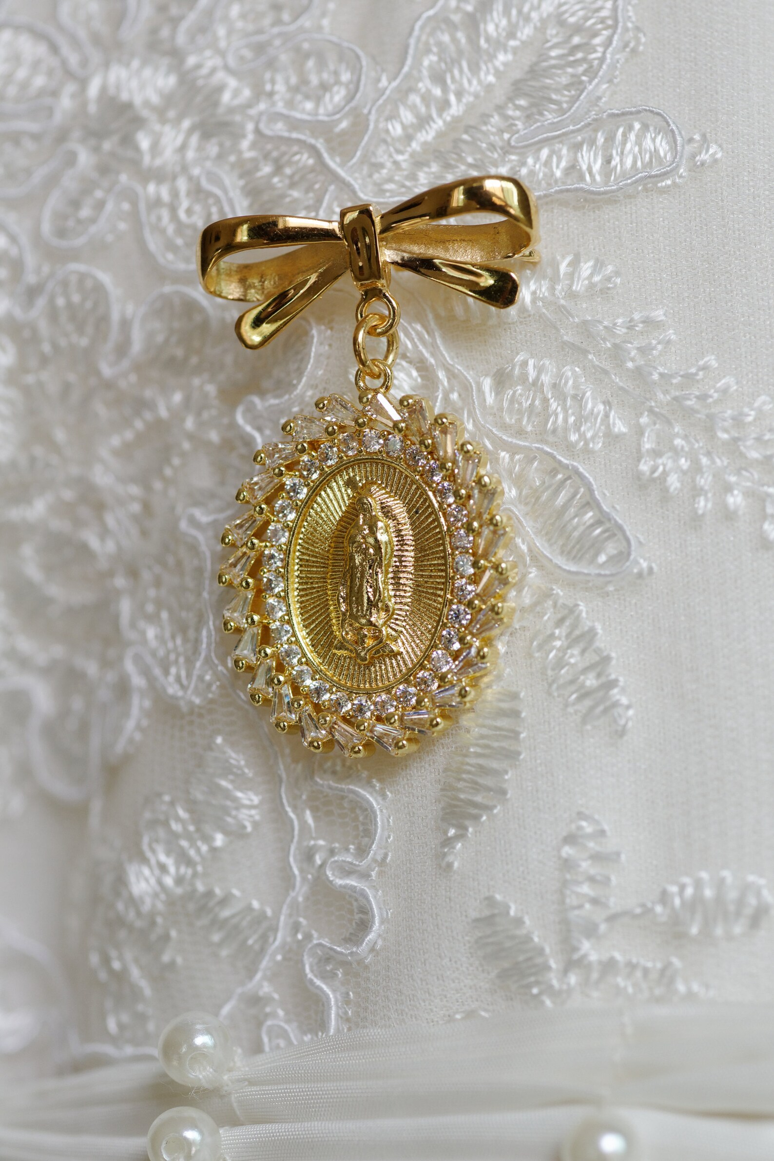 Gold Plated Baptism Bar Pin Virgin Mary Medal and Chain | Primera ...