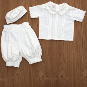 Baptism or Christening Gown B031 Burbvus Handmade Baptism Outfit 100% Premium Linen White or Ivory Matching Shoes and Beret Included image 8