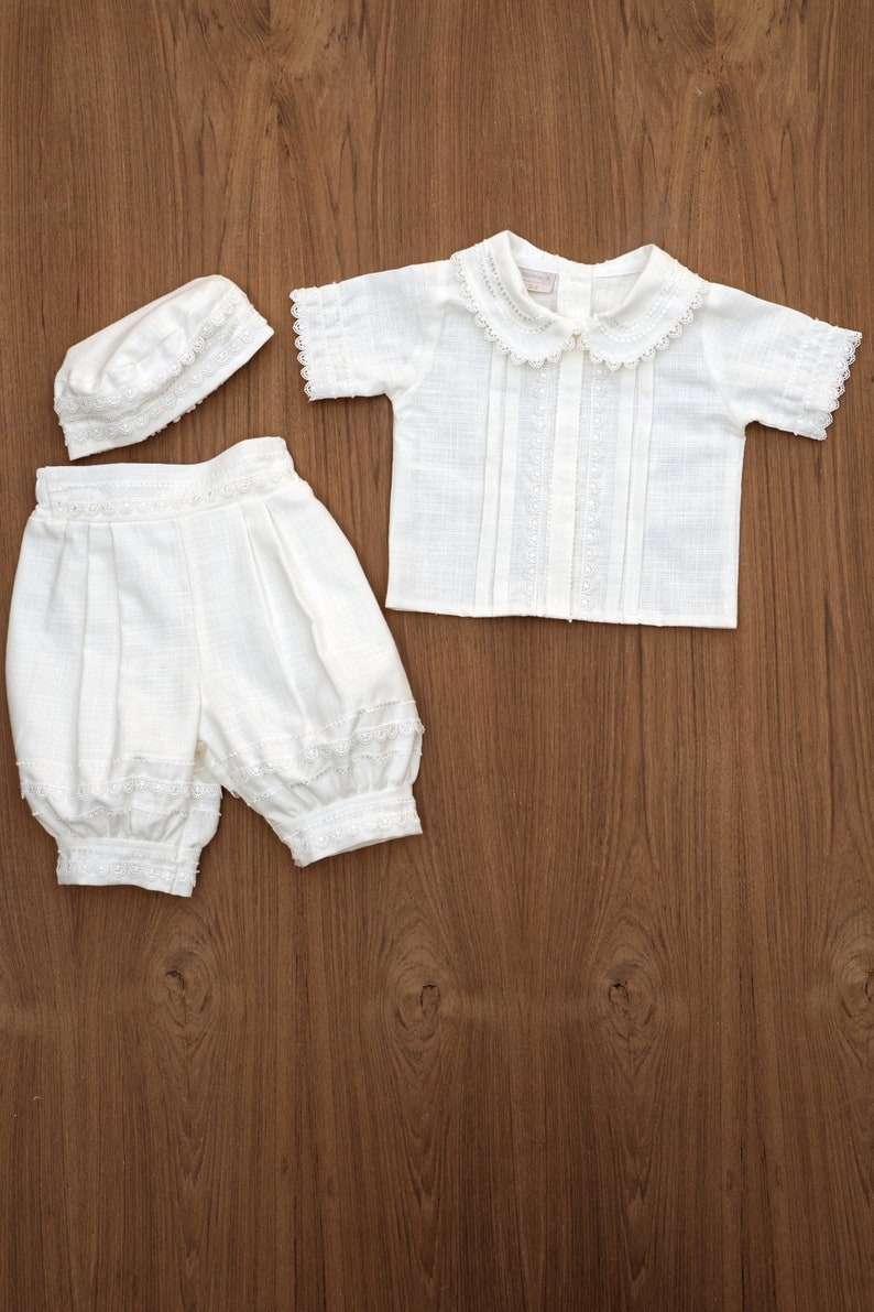 Baptism or Christening Gown B031 Burbvus Handmade Baptism Outfit 100% Premium Linen White or Ivory Matching Shoes and Beret Included image 8