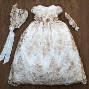 Burbvus Christening Gown Girl | Baby Lace Gown "G019" | Handmade Baptism Dress | Lace Christening Outfit, Matching Shoes & Bonnet