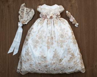 Burbvus Christening Gown Girl | Baby Lace Gown "G019" | Handmade Baptism Dress | Lace Christening Outfit, Matching Shoes & Bonnet