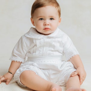 Baptism or Christening Gown B031 Burbvus Handmade Baptism Outfit 100% Premium Linen White or Ivory Matching Shoes and Beret Included image 3