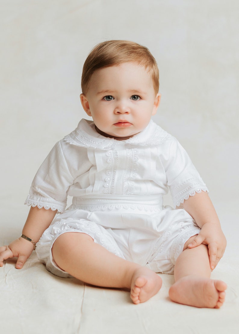 Baptism or Christening Gown B031 Burbvus Handmade Baptism Outfit 100% Premium Linen White or Ivory Matching Shoes and Beret Included image 3