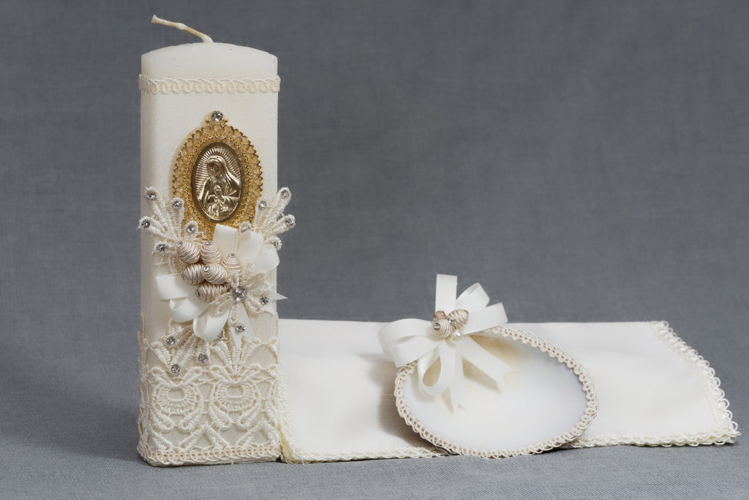 Handmade Christening Candle Set Burbvus Model 26 Virgin Mary Baptism