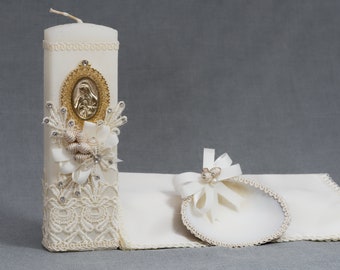 HandMade Christening Candle Set Burbvus Model # 26 Virgin Mary | Baptism Candle Virgen Guadalupe White or Ivory | Christening Gift