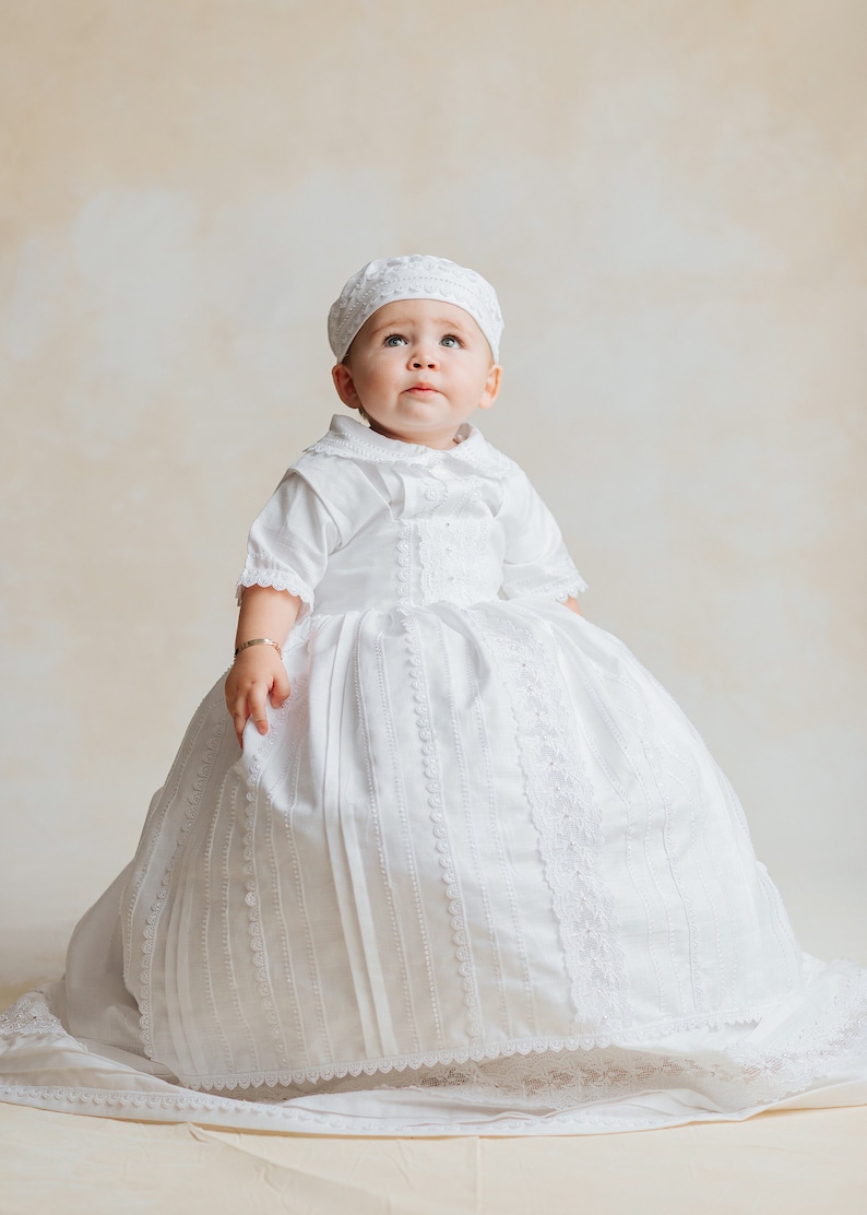 Baptism or Christening Gown B031 Burbvus Handmade Baptism Outfit 100% Premium Linen White or Ivory Matching Shoes and Beret Included image 2