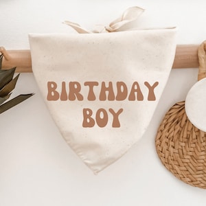 Dog Birthday Bandana, Birthday Boy, Retro, Minimalist, Natural Linen Beige, Boho, Gift for Dog Mom, Cat Lover, Pet Scarf, Photoshoot Prop