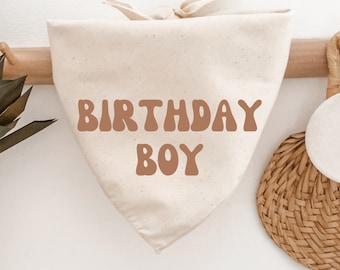 Dog Birthday Bandana, Birthday Boy, Retro, Minimalist, Natural Linen Beige, Boho, Gift for Dog Mom, Cat Lover, Pet Scarf, Photoshoot Prop