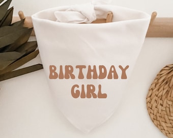Dog Birthday Bandana, Birthday Girl, Retro, Minimalist, Natural Linen Beige, Boho, Gift for Dog Mom, Cat Lover, Pet Scarf, Photoshoot Prop