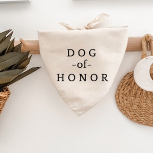 Dog of Honor dog bandana for engagement photoshoot, announcement, wedding, gift, neutral, minimalist, linen, black and white, cream, engaged