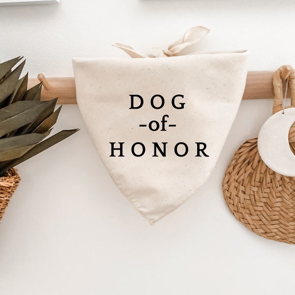 Dog of Honor dog bandana for engagement photoshoot, announcement, wedding, gift, neutral, minimalist, linen, black and white, cream, engaged