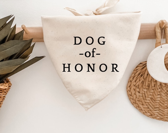Dog of Honor dog bandana for engagement photoshoot, announcement, wedding, gift, neutral, minimalist, linen, black and white, cream, engaged