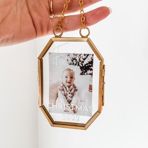 Décoration de Noël personnalisée avec nom et photo, premier Noël de bébé, décoration en verre, décoration de Noël dorée, minimaliste, enfants, idée cadeau