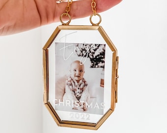 Personalized Christmas Ornament with Name and Photo, Baby's First  Christmas, Glass Ornament, Gold Holiday Decor, Minimalist, kids, Gift Idea