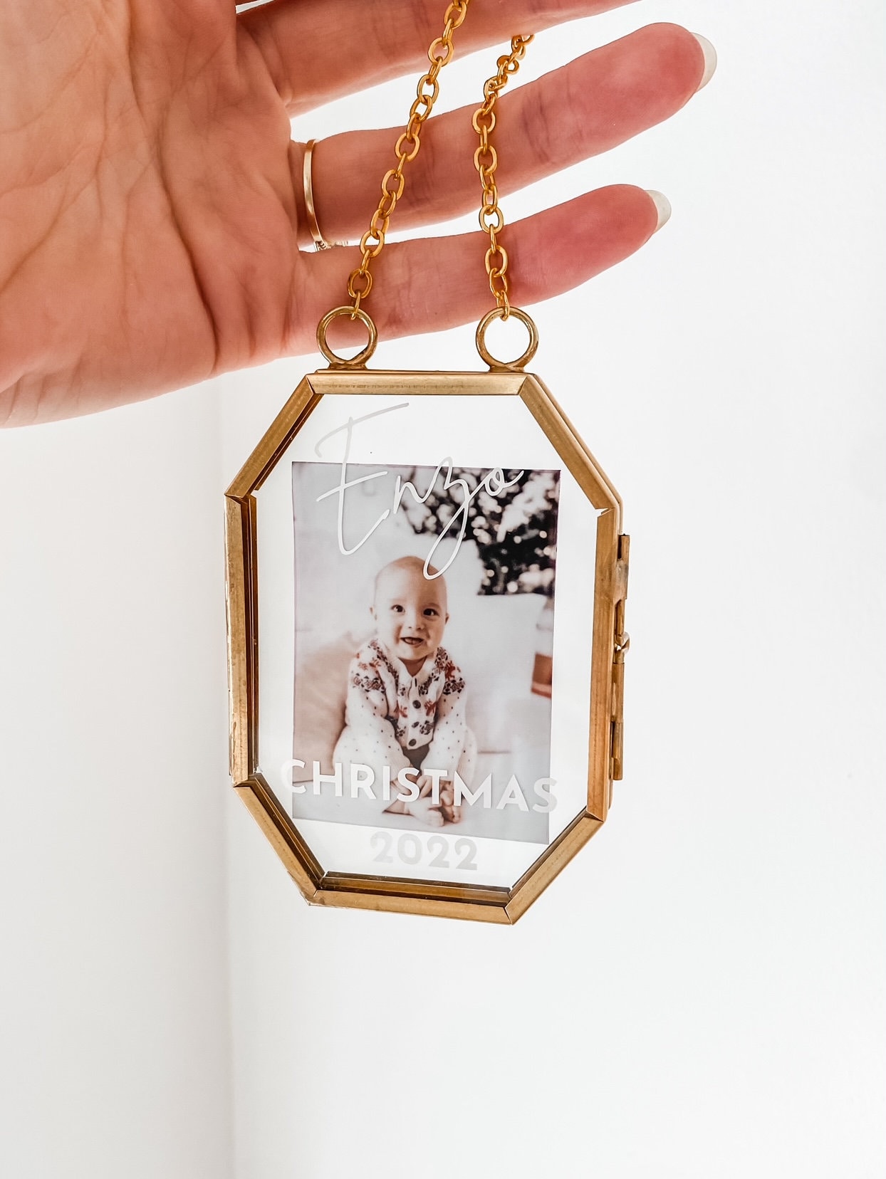 Décoration de Noël personnalisée avec nom et photo, premier Noël de bébé, décoration en verre, décoration de Noël dorée, minimaliste, enfants, idée cadeau