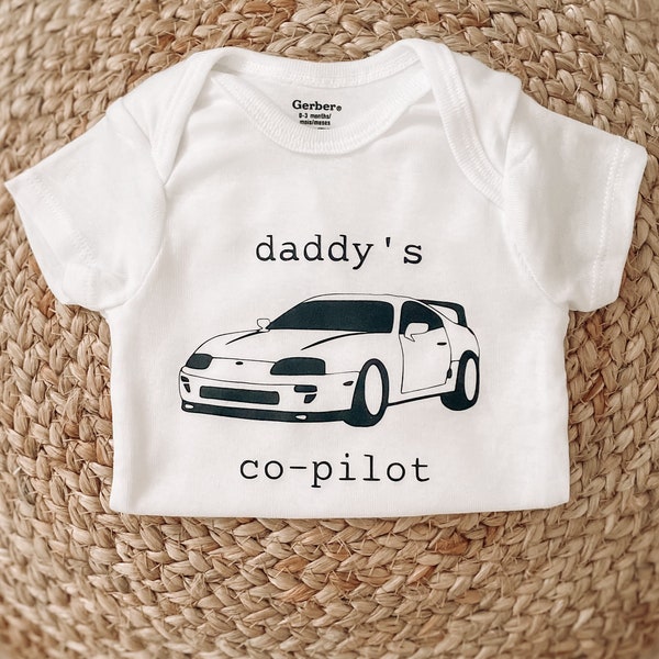 Daddy’s co-pilot baby bodysuit, Supra Mk4, Toyota, car themed, gift for dad, mommy’s, drift, JDM, racing, personalized, baby shower, newborn