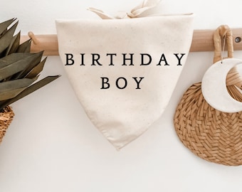 Dog Birthday Bandana, Birthday Boy, Minimalist, Natural Linen Beige, Boho, Gift for Dog Mom, Cat Lover, Pet Scarf, Photoshoot Prop, Neutral
