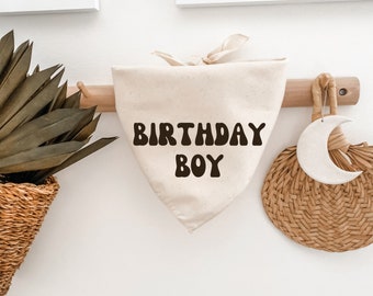 Dog Birthday Bandana, Birthday Boy, Retro, Minimalist, Natural Linen Beige, Boho, Gift for Dog Mom, Cat Lover, Pet Scarf, Photoshoot Prop