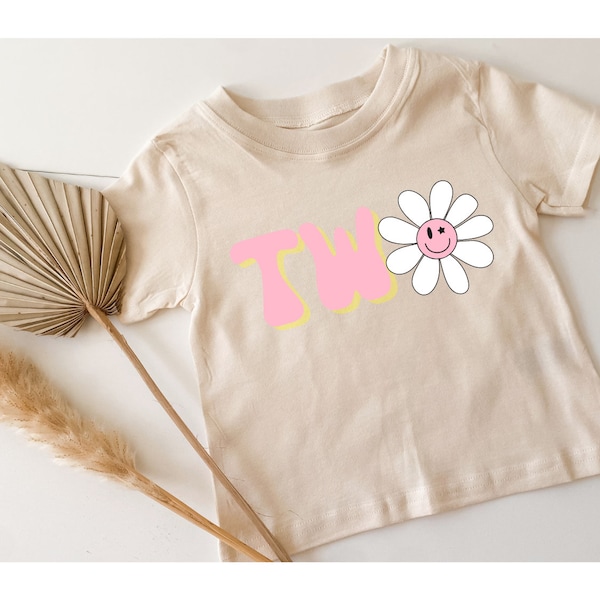 Girl's Second Birthday Shirt, 2nd bday outfit for toddler, groovy, retro themed party decor, retro, daisy, pastel pink yellow colors, cute