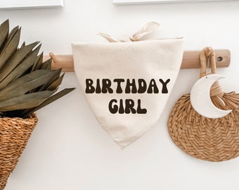 Dog Birthday Bandana, Birthday Girl, Retro, Minimalist, Natural Linen Beige, Boho, Gift for Dog Mom, Cat Lover, Pet Scarf, Photoshoot Prop