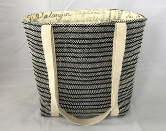 Medium Tote Bag, ivory and black striped, handmade and handwoven, French-themed cotton lining, natural cotton straps