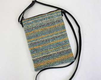 Cross-Body, Blue/Cream/Copper/Gray, Phone Bag, handmade, handwoven, striped crossbody, black faux leather strap, under 35, upcycled