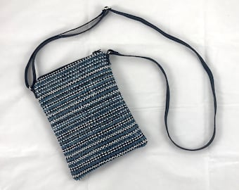 Cross-Body Phone Bag, black/blue/white, handmade and handwoven, with black Vegan Faux Leather Adjustable Strap and ivory satin lining