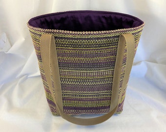 Medium Tote Bag, recycled tote, purple/green, purple cotton lining, tan polypro straps, medium tote, under 50, eco gift