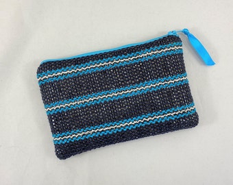 Blue Zip pouch, blue/light blue/white, blue cotton lining, upcycled gift, handmade, blue zip, vegan gift, friend gift, teacher giftgift