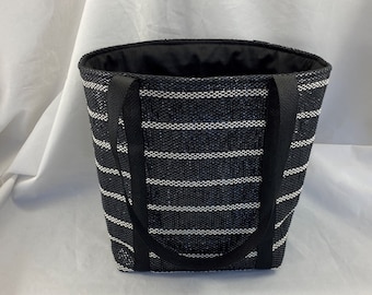 NEW! Black Tote with White Stripes, black polypro straps, handmade, handwoven, gift under 50, recycled, upcycled, vegan tote, unique gift