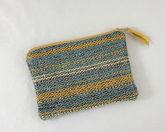 Zip Pouch, Blue/Cream/Copper/Black stripes, gold satin lining, handwoven, blue gold zip, vegan gift, friend gift, upcycled, gift under 25