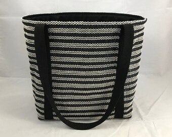 Medium Black Tote bag, black/ivory stripes, black cotton lining, black polypro straps, handmade, handwoven, black/white tote