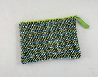Small zip pouch, green with blue/white stripes, handwoven,green blue cotton lining, green zip, green blue zip, upcycled zip pouch, vegan zip
