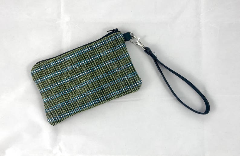 with green satin lining green wristlet with bluewhite stripes Wristlet handmade and handwoven