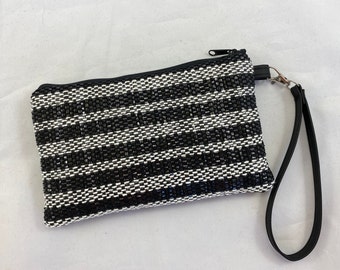 Large Wristlet, Black/White stripes, handmade, handwoven, black & white wristlet, lining choice, black faux leather strap, upcycled, vhs