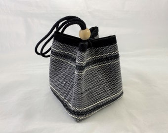 Mini bag, mini gray wristlet, gray with black/white stripes, wood bead closure, upcycled, gift under 30, unique bag, handwoven, handmade,vhs