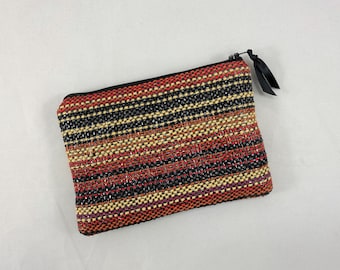 Small Zip, Southwestern, Red/Black/Yellow, black satin lining, black gift, upcycled gift, handwoven, ecopurse, red zip, vegan gift, friend