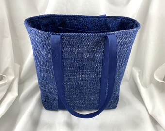 Denim blue tote, medium tote bag, dark blue cotton lining, navy polypro straps, handmade, handwoven, upcycled tote, sustainable gift, VHS