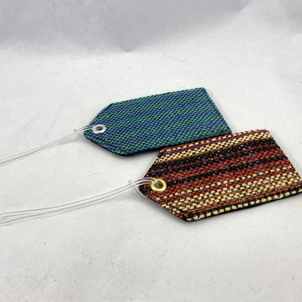 Vertical Stripe Luggage Tags, Green/Blue, Red/Yellow, handwoven, recycled gift, travel gift, upcycled, shower favor, gift under 10,teacher