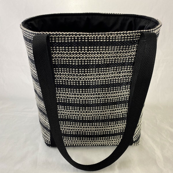 Black-Ivory Tote, black/ivory stripes, black cotton lining, black polypro straps, handmade, handwoven, black/white tote, gift under 50