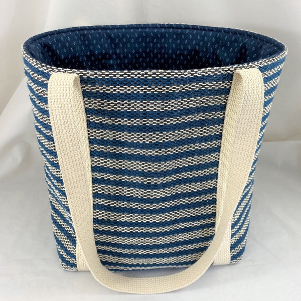 Medium Tote bag, navy/ivory stripes, handmade, handwoven, navy cotton lining choice, natural cotton straps, summer tote, upcycled tote