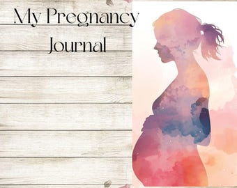 May include: A pregnancy journal with a watercolor illustration of a pregnant person on the right side. The journal cover has the text "My Pregnancy Journal" and is decorated with pink roses and a wood grain background.